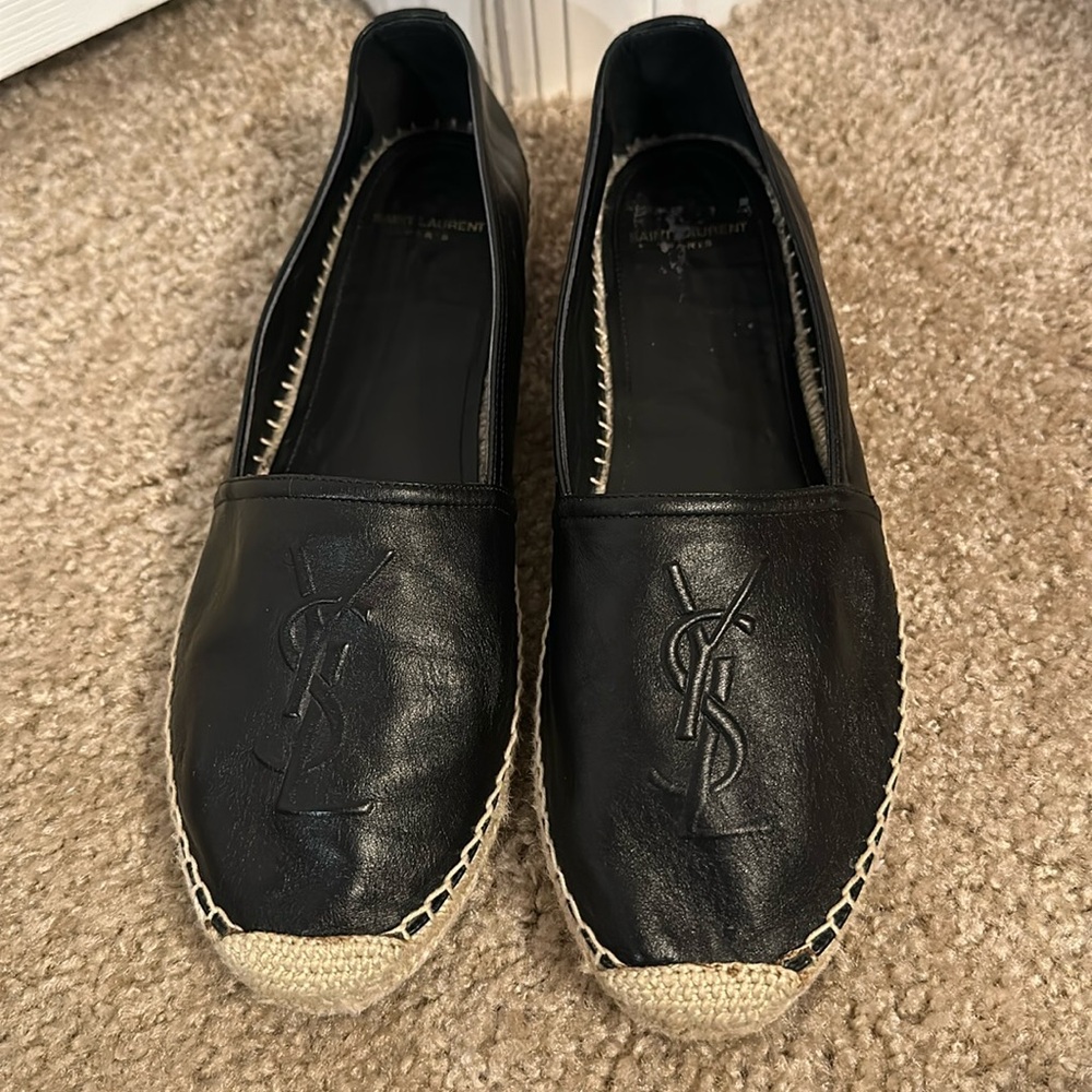Saint Laurent Logo black leather espadrilles Sz 39 - Picture 1 of 12